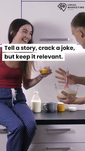 Two people laughing in a kitchen with a content marketing tip overlay