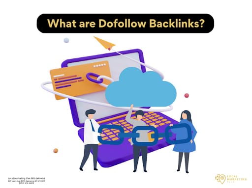 Three people holding chain links beside a laptop showing dofollow backlinks