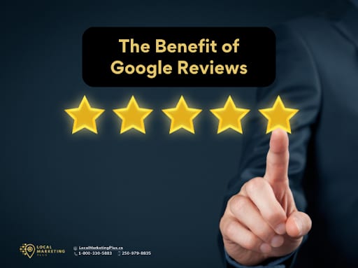 Person pointing at five gold stars under Google Reviews benefits text