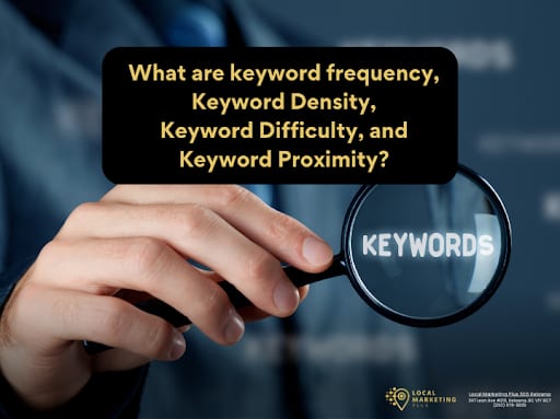 Hand holding magnifying glass over the word Keywords with SEO terms